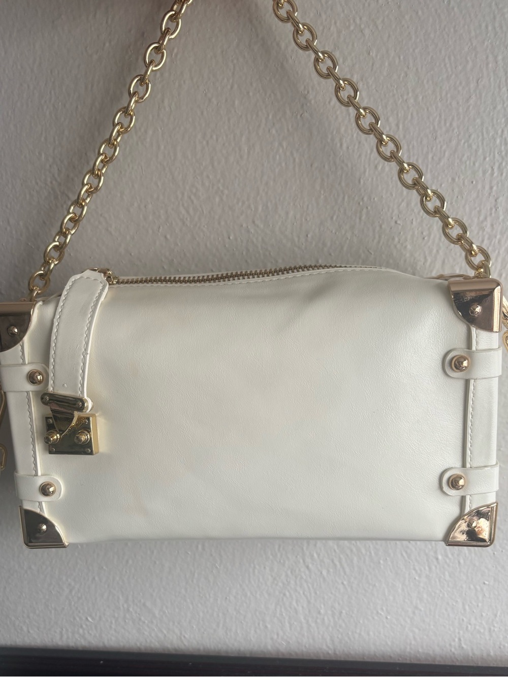 Cream Shoulder Bag Crossbody bag Trunk Shape with Gold Hardware w/ chain & belt